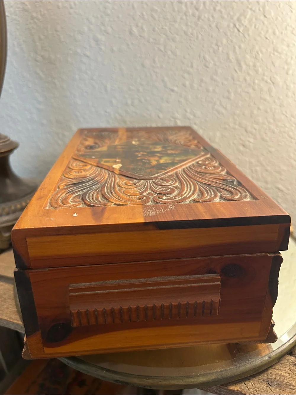 Hand-Carved Wooden Decorative Cedar Box in Warm Brown and Tan Cottage Core